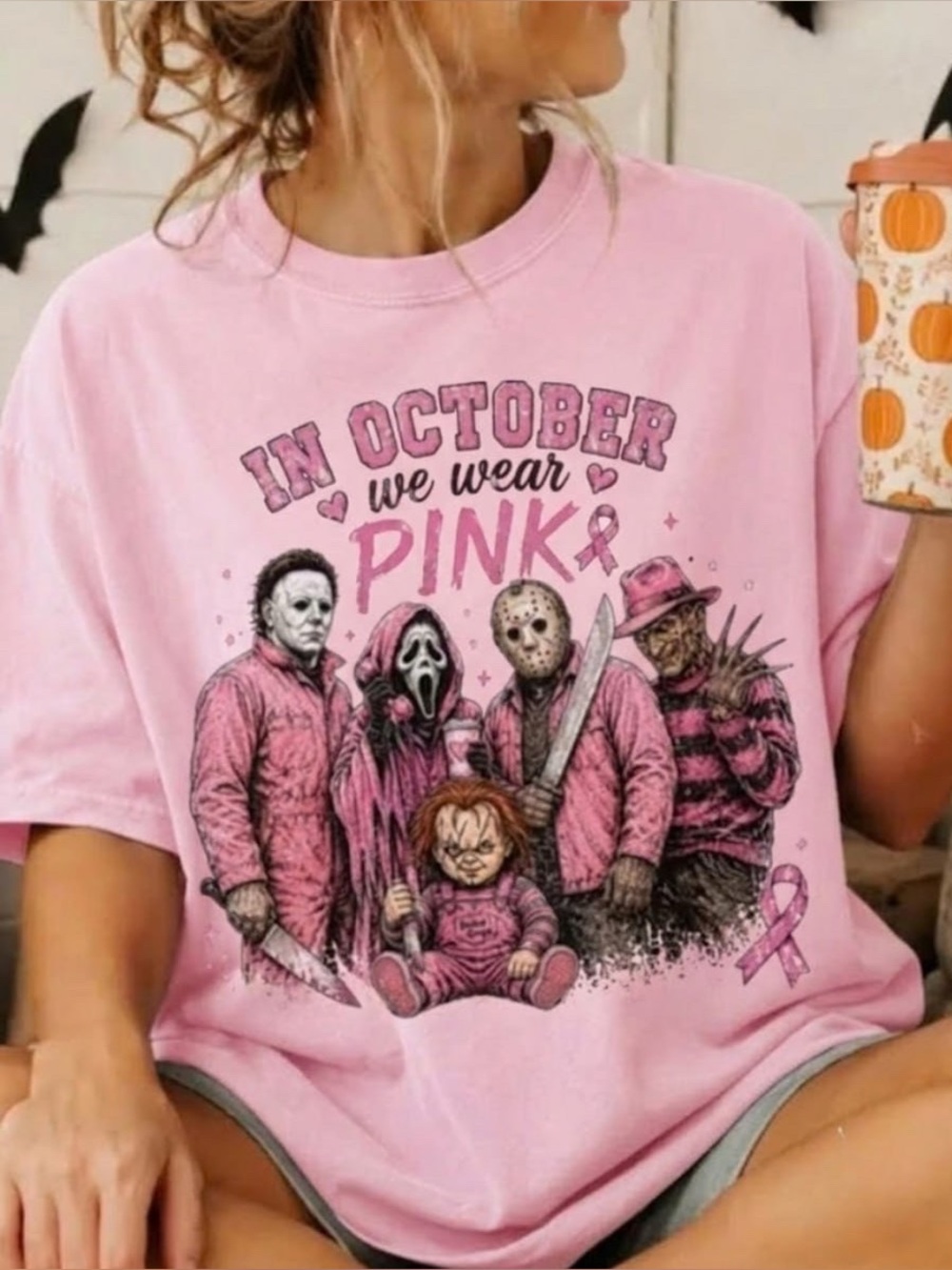 Comfort Pink "In October We Wear Pink" Graphic Tee, Retro Horror Character Tee